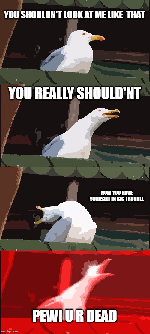 YOU SHOULDN'T LOOK AT ME LIKE  THAT YOU REALLY SHOULD'NT NOW YOU HAVE YOURSELF IN BIG TROUBLE PEW! U R DEAD | image tagged in memes,inhaling seagull | made w/ Imgflip meme maker