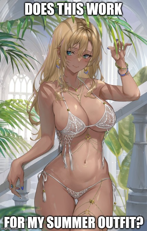 It works for me | DOES THIS WORK; FOR MY SUMMER OUTFIT? | image tagged in anime,ecchi,sexy women | made w/ Imgflip meme maker