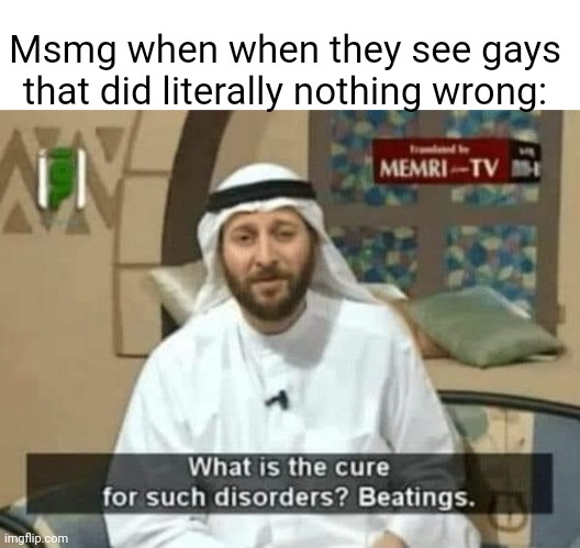 What is the cure for such disorders beatings | Msmg when when they see gays that did literally nothing wrong: | image tagged in what is the cure for such disorders beatings | made w/ Imgflip meme maker