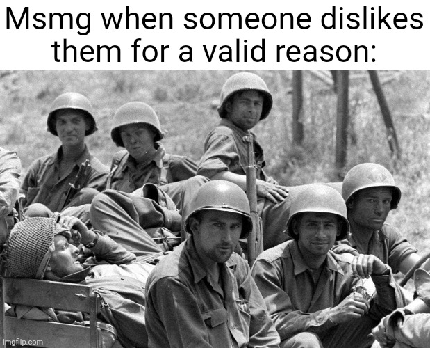 WWII soldiers | Msmg when someone dislikes them for a valid reason: | image tagged in wwii soldiers | made w/ Imgflip meme maker