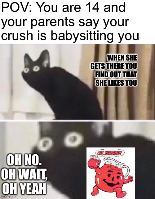 Oh no | POV: You are 14 and your parents say your crush is babysitting you; WHEN SHE GETS THERE YOU FIND OUT THAT SHE LIKES YOU; OH NO. OH WAIT, OH YEAH | image tagged in oh no black cat | made w/ Imgflip meme maker