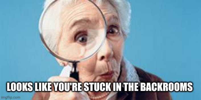 Old lady magnifying glass | LOOKS LIKE YOU'RE STUCK IN THE BACKROOMS | image tagged in old lady magnifying glass | made w/ Imgflip meme maker