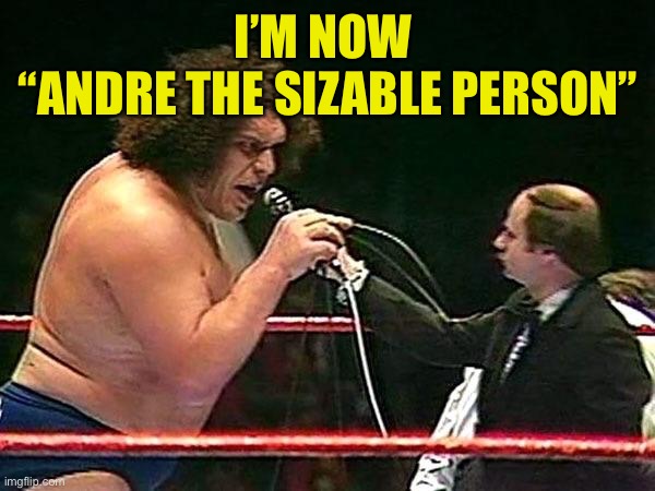 Andre the giant | I’M NOW 
“ANDRE THE SIZABLE PERSON” | image tagged in andre the giant | made w/ Imgflip meme maker