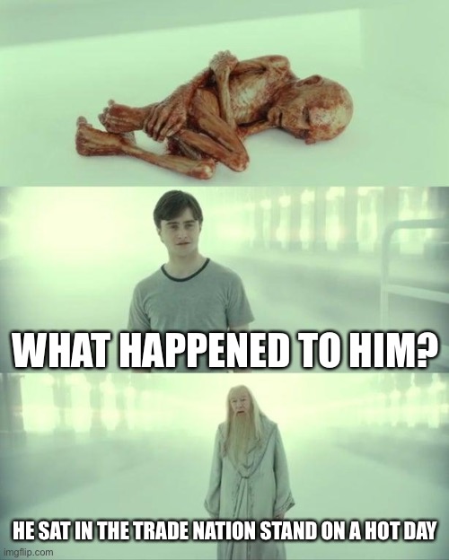 Dead Baby Voldemort / What Happened To Him | WHAT HAPPENED TO HIM? HE SAT IN THE TRADE NATION STAND ON A HOT DAY | image tagged in dead baby voldemort / what happened to him | made w/ Imgflip meme maker