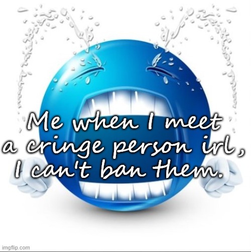 Crying Blue guy | Me when I meet a cringe person irl, I can't ban them. | image tagged in crying blue guy | made w/ Imgflip meme maker