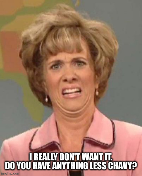 Disgusted Kristin Wiig | I REALLY DON'T WANT IT.
DO YOU HAVE ANYTHING LESS CHAVY? | image tagged in disgusted kristin wiig | made w/ Imgflip meme maker