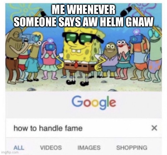 How to handle fame | ME WHENEVER SOMEONE SAYS AW HELM GNAW | image tagged in how to handle fame | made w/ Imgflip meme maker