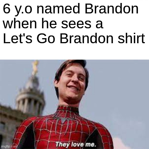 dont forget yard signs too | 6 y.o named Brandon when he sees a Let's Go Brandon shirt | image tagged in spiderman,funny,politics,political | made w/ Imgflip meme maker