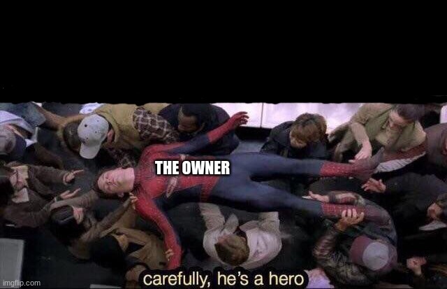 Carefully he's a hero | THE OWNER | image tagged in carefully he's a hero | made w/ Imgflip meme maker