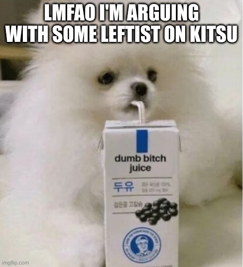 dumb bitch juice | LMFAO I'M ARGUING WITH SOME LEFTIST ON KITSU | image tagged in dumb bitch juice | made w/ Imgflip meme maker