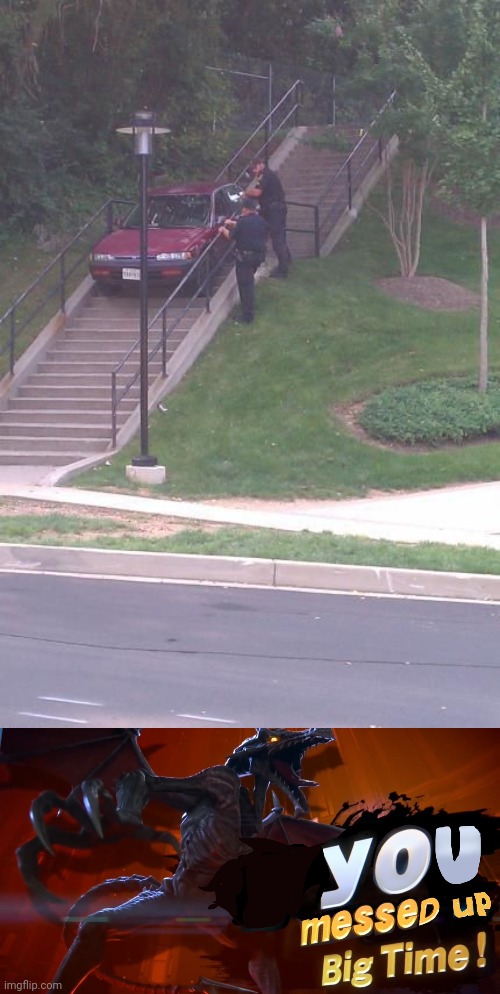 Car on the steps | image tagged in ridley you messed up big time,you had one job,memes,car,steps,cars | made w/ Imgflip meme maker