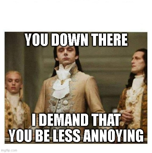 I Demand That You Be Less Annoying | YOU DOWN THERE; I DEMAND THAT YOU BE LESS ANNOYING | image tagged in aristocracy,demand,less,annoying | made w/ Imgflip meme maker