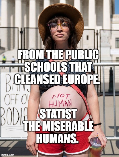 Crazy lady | FROM THE PUBLIC SCHOOLS THAT CLEANSED EUROPE. STATIST THE MISERABLE HUMANS. | image tagged in crazy lady | made w/ Imgflip meme maker