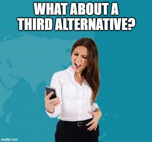 WHAT ABOUT A THIRD ALTERNATIVE? | image tagged in annoyed cutie from who called me website | made w/ Imgflip meme maker
