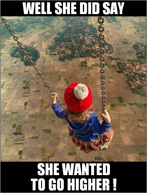 A Swing Below A Balloon ? | WELL SHE DID SAY; SHE WANTED TO GO HIGHER ! | image tagged in fun,swing,hot air balloon,too damn high | made w/ Imgflip meme maker