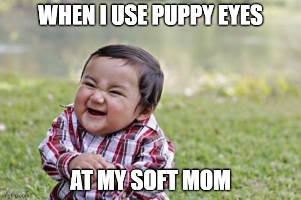 Evil Toddler | WHEN I USE PUPPY EYES; AT MY SOFT MOM | image tagged in memes,evil toddler | made w/ Imgflip meme maker