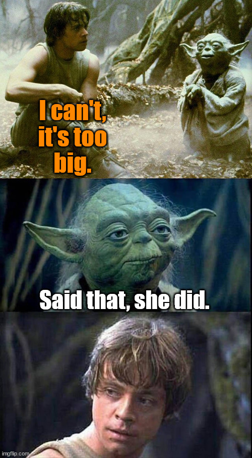 I can't, it's too big. Said that, she did. | image tagged in star wars,yoda,luke skywalker | made w/ Imgflip meme maker