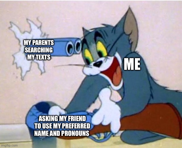 Objective: SURVIVE | MY PARENTS SEARCHING MY TEXTS; ME; ASKING MY FRIEND TO USE MY PREFERRED NAME AND PRONOUNS | image tagged in tom and jerry | made w/ Imgflip meme maker