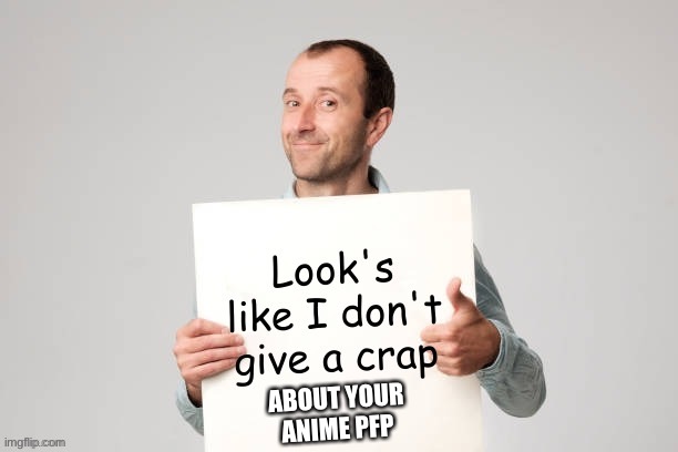 Randomly thought of this so here we are | ABOUT YOUR ANIME PFP | image tagged in i don't give a crap | made w/ Imgflip meme maker
