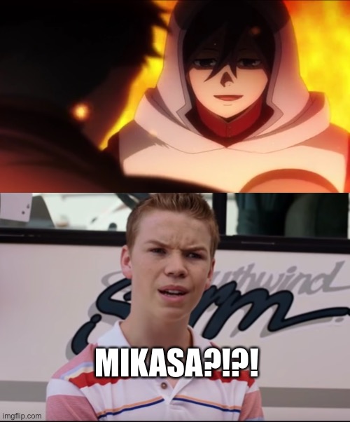 What she doing in My Hero? | MIKASA?!?! | image tagged in you guys are getting paid,anime,aot,mikasa,my hero academia | made w/ Imgflip meme maker