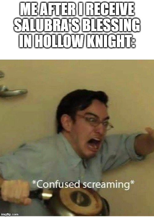 oh the horror that is charm lover salubra... | ME AFTER I RECEIVE SALUBRA'S BLESSING IN HOLLOW KNIGHT: | image tagged in confused screaming,hollow knight memes | made w/ Imgflip meme maker
