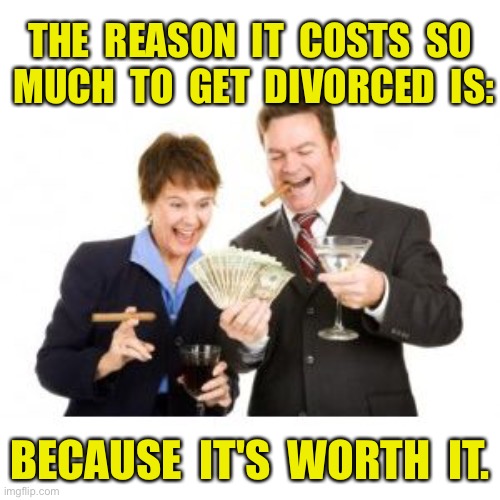 The cost of divorce | THE  REASON  IT  COSTS  SO  MUCH  TO  GET  DIVORCED  IS:; BECAUSE  IT'S  WORTH  IT. | image tagged in divorce attorneys,cost so much,to divorce,its worth it,seperate | made w/ Imgflip meme maker