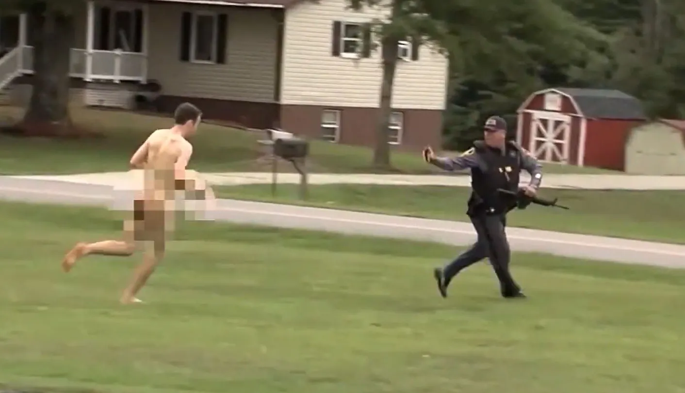 naked guy chasing cop Blank Meme Template