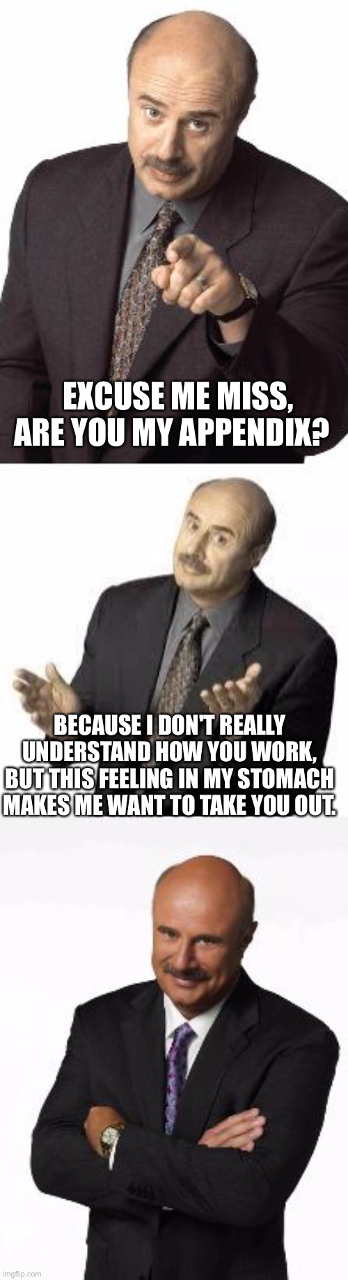 bad pun dr phil | EXCUSE ME MISS, ARE YOU MY APPENDIX? BECAUSE I DON'T REALLY UNDERSTAND HOW YOU WORK, BUT THIS FEELING IN MY STOMACH MAKES ME WANT TO TAKE YOU OUT. | image tagged in bad pun dr phil | made w/ Imgflip meme maker
