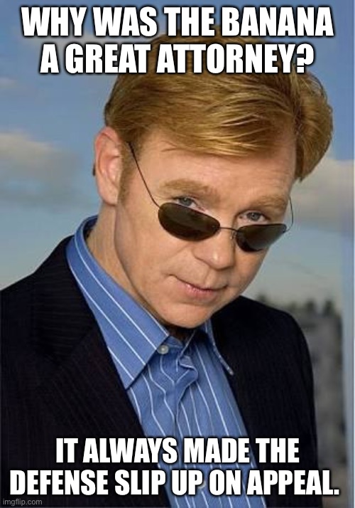 bad Pun David Caruso | WHY WAS THE BANANA A GREAT ATTORNEY? IT ALWAYS MADE THE DEFENSE SLIP UP ON APPEAL. | image tagged in bad pun david caruso | made w/ Imgflip meme maker