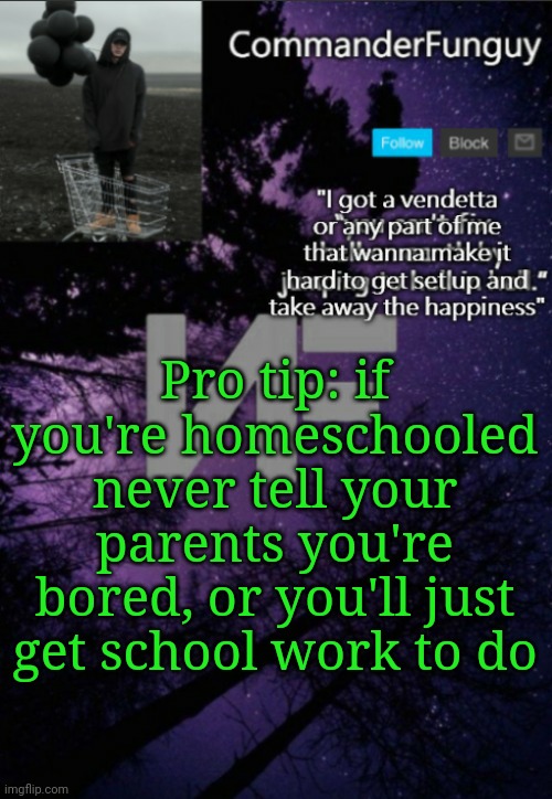Lol | Pro tip: if you're homeschooled never tell your parents you're bored, or you'll just get school work to do | image tagged in commanderfunguy nf template thx yachi | made w/ Imgflip meme maker