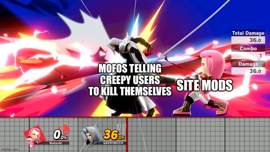 Natsuki hurts Sephiroth | MOFOS TELLING CREEPY USERS TO KILL THEMSELVES; SITE MODS | image tagged in natsuki hurts sephiroth | made w/ Imgflip meme maker