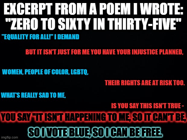 Black background | EXCERPT FROM A POEM I WROTE:
"ZERO TO SIXTY IN THIRTY-FIVE"; "EQUALITY FOR ALL!" I DEMAND; BUT IT ISN'T JUST FOR ME YOU HAVE YOUR INJUSTICE PLANNED, WOMEN, PEOPLE OF COLOR, LGBTQ, THEIR RIGHTS ARE AT RISK TOO. YOU SAY "IT ISN'T HAPPENING TO ME, SO IT CAN'T BE, WHAT'S REALLY SAD TO ME, IS YOU SAY THIS ISN'T TRUE -; SO I VOTE BLUE, SO I CAN BE FREE. | image tagged in black background,mental health,awareness,democrat,poetry,civil rights | made w/ Imgflip meme maker
