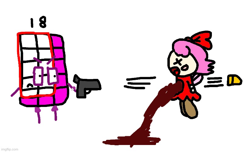 Numberblock 18 shot Ribbon (Note: this is my revenge on RibbontheCreator) | image tagged in numberblocks,ribbon,kirby,gun,blood,funny | made w/ Imgflip meme maker