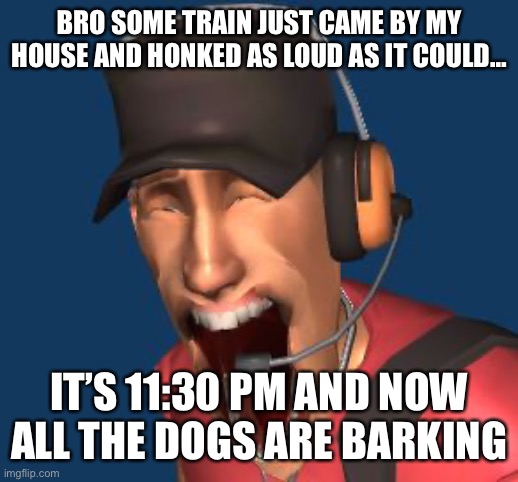 Why | BRO SOME TRAIN JUST CAME BY MY HOUSE AND HONKED AS LOUD AS IT COULD…; IT’S 11:30 PM AND NOW ALL THE DOGS ARE BARKING | image tagged in scout tf2 mfw,pain | made w/ Imgflip meme maker