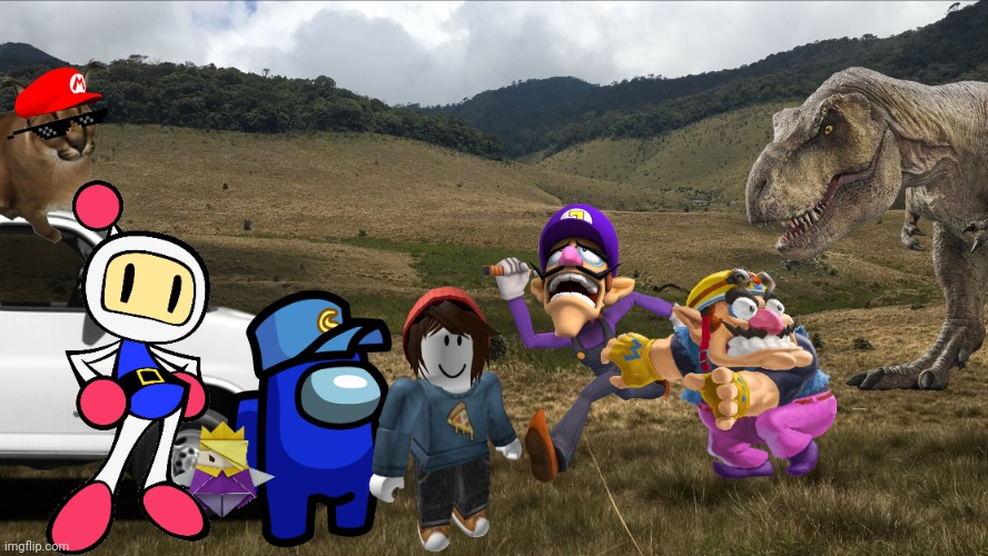 Wario and Waluigi dies by Rexy while hunting with their friends.mp3 | image tagged in wario dies,wario,jurassic park,jurassic world,dinosaur,crossover | made w/ Imgflip meme maker