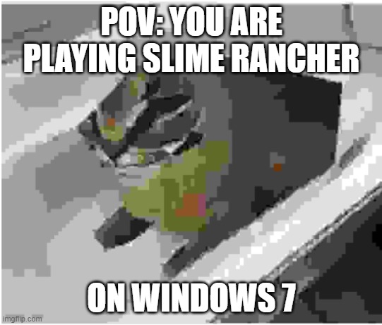 very very low quality floppa in a tub | POV: YOU ARE PLAYING SLIME RANCHER; ON WINDOWS 7 | image tagged in very very low quality floppa in a tub | made w/ Imgflip meme maker