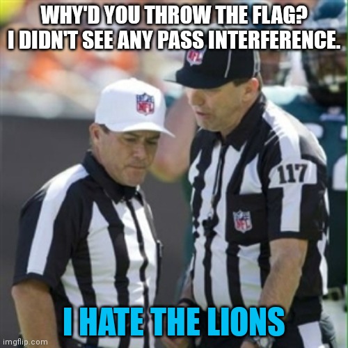 Detroit lions problems | WHY'D YOU THROW THE FLAG? I DIDN'T SEE ANY PASS INTERFERENCE. I HATE THE LIONS | image tagged in nfl referee,detroit lions,problems,nfl football | made w/ Imgflip meme maker
