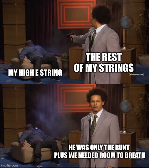 I SAID NOT TO KILL HIGH E | THE REST OF MY STRINGS; MY HIGH E STRING; HE WAS ONLY THE RUNT 
PLUS WE NEEDED ROOM TO BREATH | image tagged in memes,who killed hannibal,guitar,lol | made w/ Imgflip meme maker