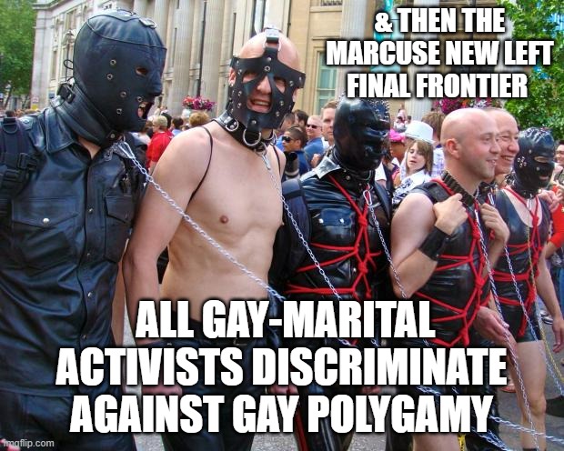 Oregon Bigamist Governor Discriminates against Polygamists | & THEN THE MARCUSE NEW LEFT FINAL FRONTIER; ALL GAY-MARITAL ACTIVISTS DISCRIMINATE AGAINST GAY POLYGAMY | image tagged in mormons,village people,marine corps jokes,gay marriage,catholic church,televangelist | made w/ Imgflip meme maker
