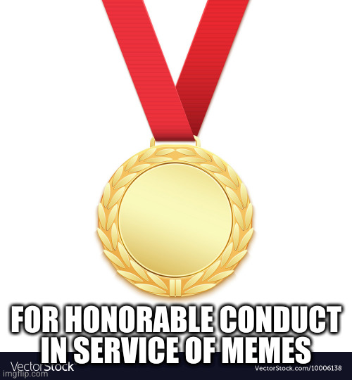 metal award | FOR HONORABLE CONDUCT
IN SERVICE OF MEMES | image tagged in metal award | made w/ Imgflip meme maker