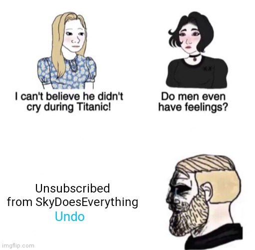 Who we thought was the person who made our childhoods better turned out to be a monster. | Unsubscribed from SkyDoesEverything; Undo | image tagged in chad crying,minecraft,memes,betrayal | made w/ Imgflip meme maker
