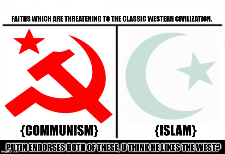 Who Would Win Blank | FAITHS WHICH ARE THREATENING TO THE CLASSIC WESTERN CIVILIZATION. {COMMUNISM}                        {ISLAM}; PUTIN ENDORSES BOTH OF THESE, U THINK HE LIKES THE WEST? | image tagged in memes,hazard,ideas | made w/ Imgflip meme maker