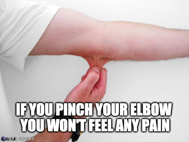 If you pinch your elbow you won't feel any pain | image tagged in science,the more you know,elbow pinch,experiment,true,pain | made w/ Imgflip meme maker