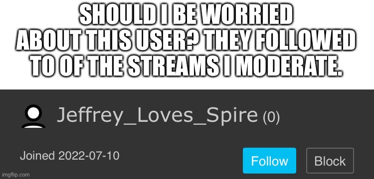 As Much As I Hate Most Of You, I’m Asking You Guys For Probably Obvious Reasons | SHOULD I BE WORRIED ABOUT THIS USER? THEY FOLLOWED TO OF THE STREAMS I MODERATE. | made w/ Imgflip meme maker