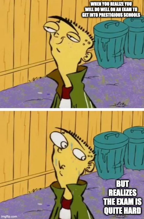 Confident Eddy | WHEN YOU REALIZE YOU WILL DO WELL ON AN EXAM TO GET INTO PRESTIGIOUS SCHOOLS; BUT REALIZES THE EXAM IS QUITE HARD | image tagged in ed edd n eddy,memes | made w/ Imgflip meme maker