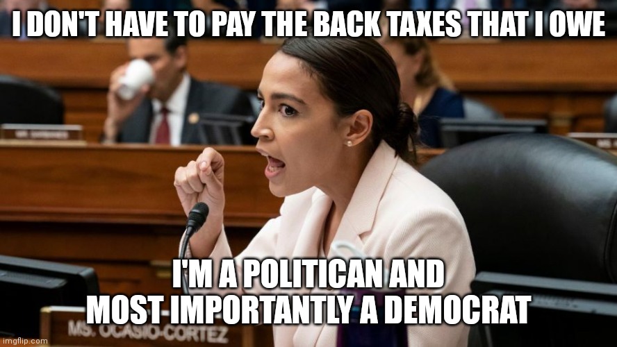 Alexandria Ocasio-Cortez being Assertive |  I DON'T HAVE TO PAY THE BACK TAXES THAT I OWE; I'M A POLITICAN AND MOST IMPORTANTLY A DEMOCRAT | image tagged in alexandria ocasio-cortez being assertive | made w/ Imgflip meme maker