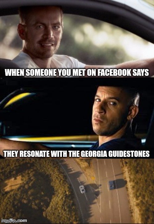 fast and furious 7 final scene | WHEN SOMEONE YOU MET ON FACEBOOK SAYS; THEY RESONATE WITH THE GEORGIA GUIDESTONES | image tagged in fast and furious 7 final scene | made w/ Imgflip meme maker