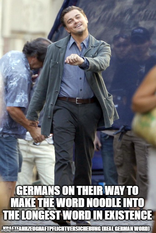 Germans be like | GERMANS ON THEIR WAY TO MAKE THE WORD NOODLE INTO THE LONGEST WORD IN EXISTENCE; KRAFTFAHRZEUGHAFTPFLICHTVERSICHERUNG (REAL GERMAN WORD) | image tagged in on my way | made w/ Imgflip meme maker