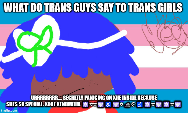 HOW TRANSGENDER WORKS | WHAT DO TRANS GUYS SAY TO TRANS GIRLS; URRRRRRRR.... SECRETLY PANICING ON XHE INSIDE BECAUSE SHES SO SPECIAL. XOVE XENOMELIA 🔯✡✡🕎♿🕎✡🦽☪♿🔯✡🕎🔯✡🕎✡ | image tagged in lgbtq | made w/ Imgflip meme maker
