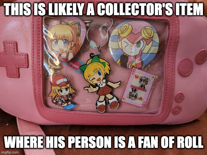 Pink Nintendo Game Boy Bag | THIS IS LIKELY A COLLECTOR'S ITEM; WHERE HIS PERSON IS A FAN OF ROLL | image tagged in fun,megaman,roll,megaman battle network,megaman legends,memes | made w/ Imgflip meme maker